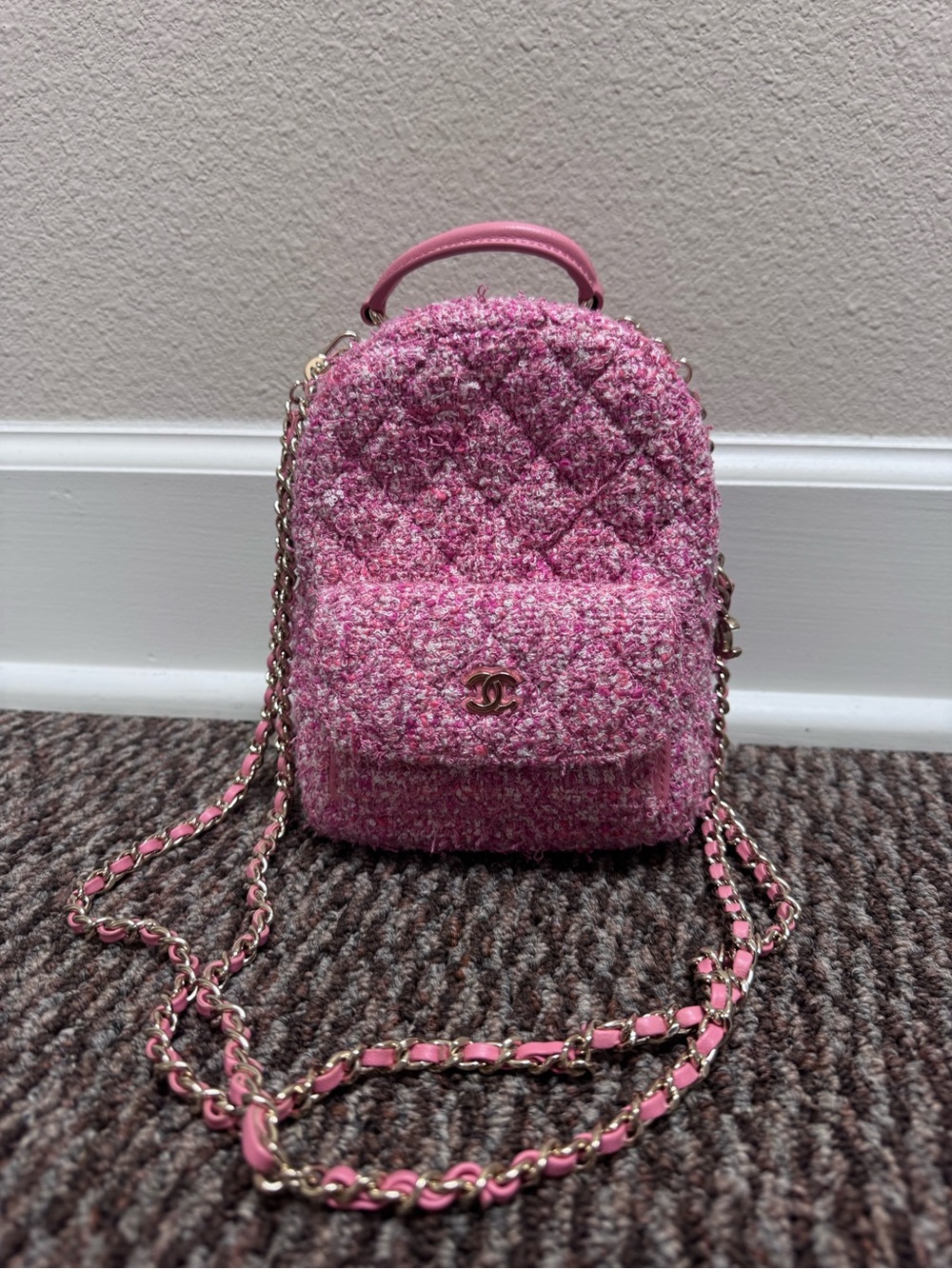 Pink Quilted Tweed Mini Backpack with Chain Strap